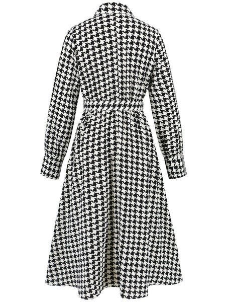 Tied Houndstooth Long Sleeve Midi Dress - S. M. & Co.