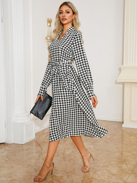 Tied Houndstooth Long Sleeve Midi Dress - S. M. & Co.