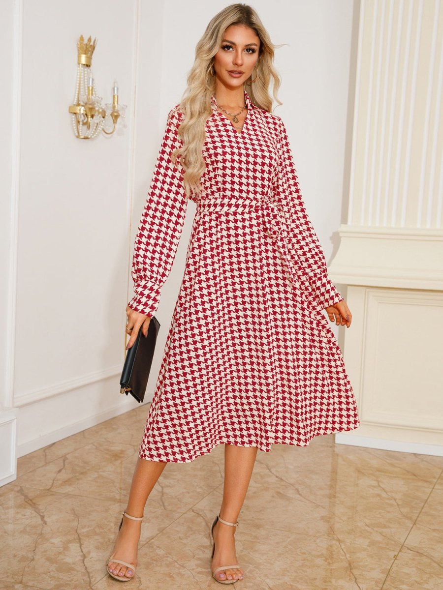 Tied Houndstooth Long Sleeve Midi Dress - S. M. & Co.