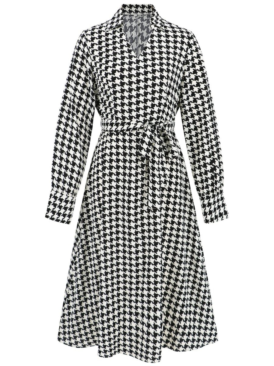 Tied Houndstooth Long Sleeve Midi Dress - S. M. & Co.