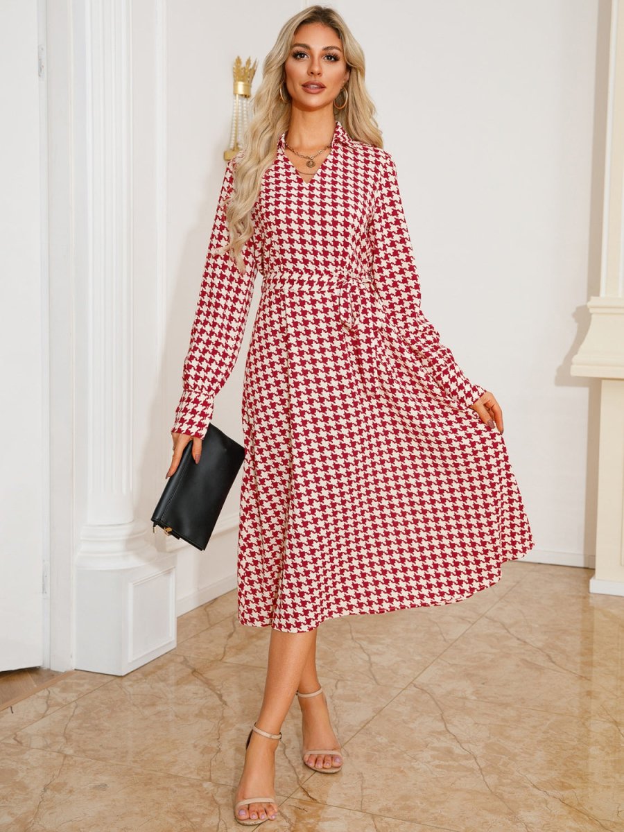 Tied Houndstooth Long Sleeve Midi Dress - S. M. & Co.