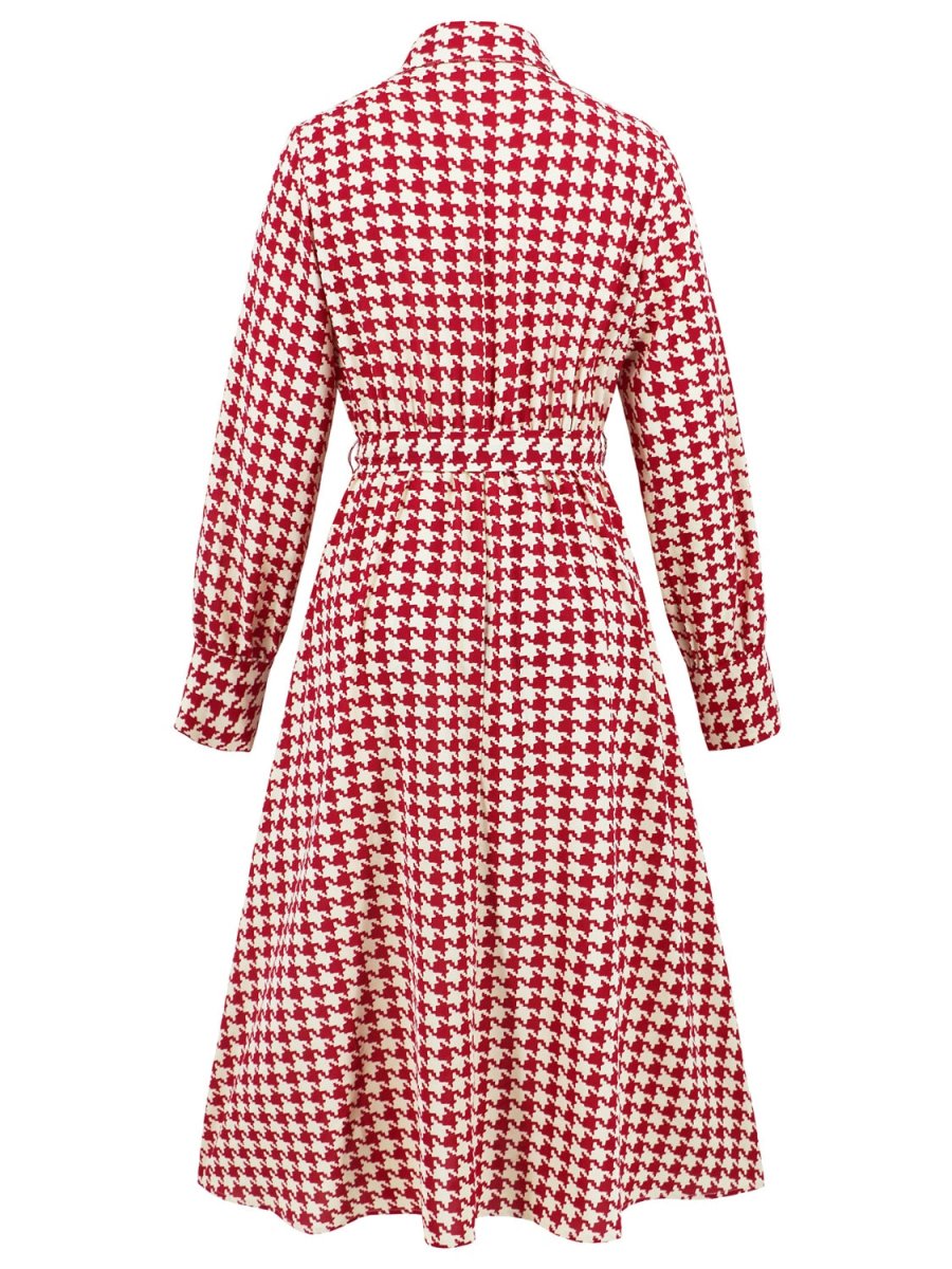 Tied Houndstooth Long Sleeve Midi Dress - S. M. & Co.