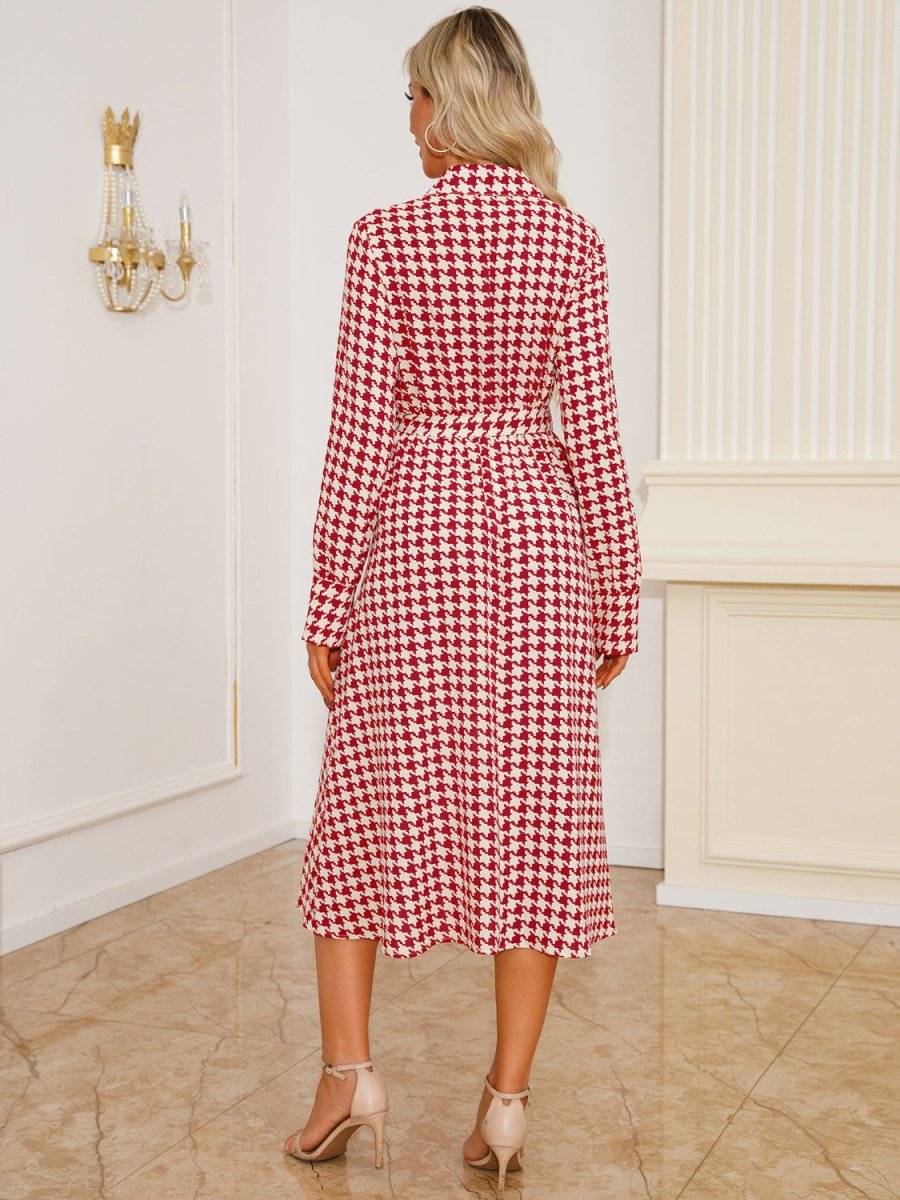 Tied Houndstooth Long Sleeve Midi Dress - S. M. & Co.