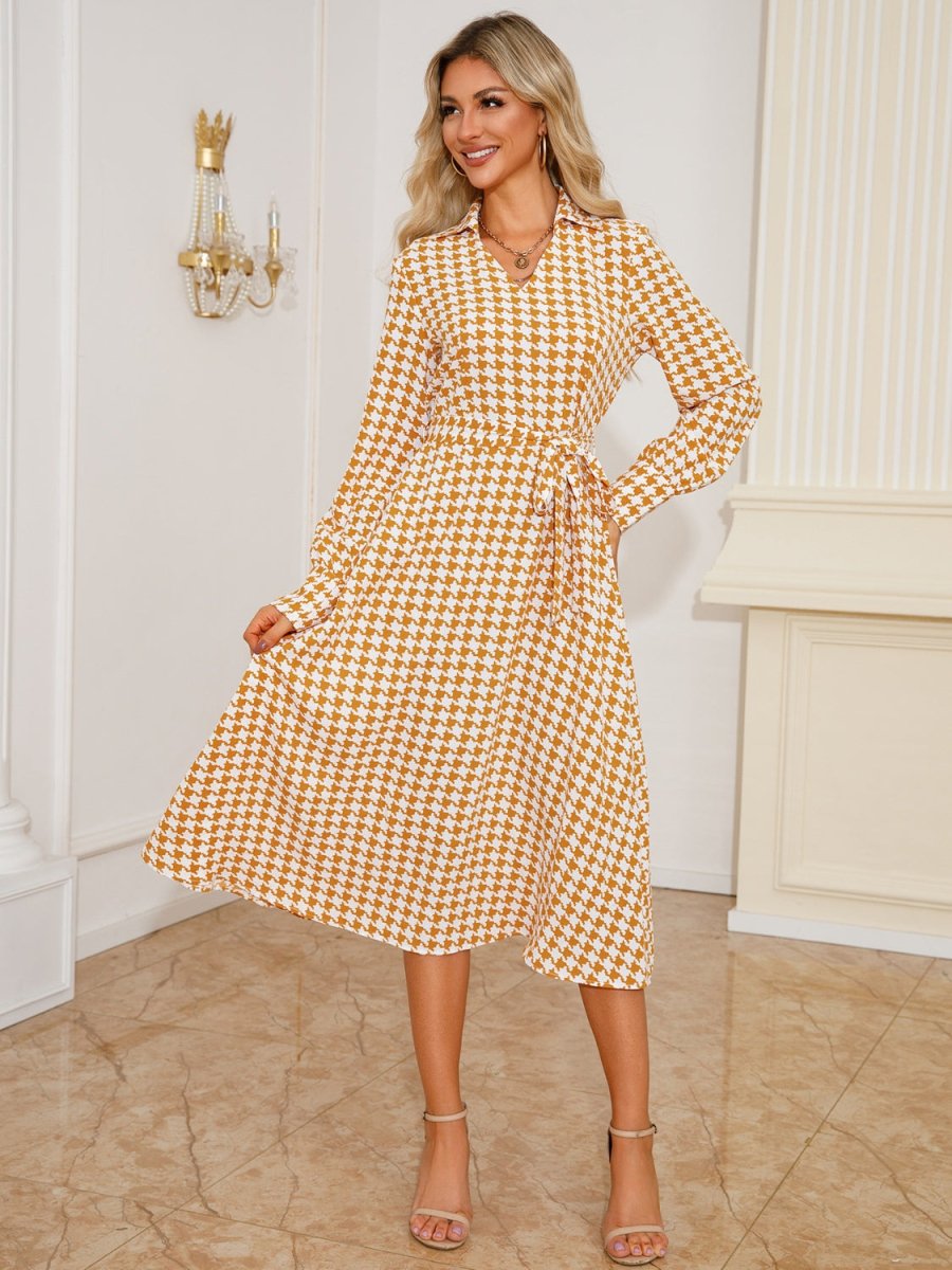 Tied Houndstooth Long Sleeve Midi Dress - S. M. & Co.