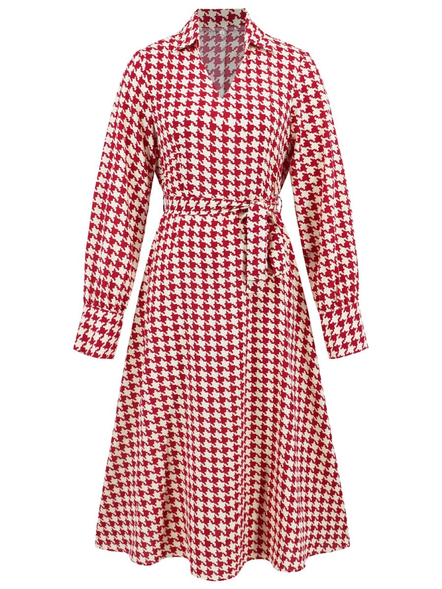 Tied Houndstooth Long Sleeve Midi Dress - S. M. & Co.