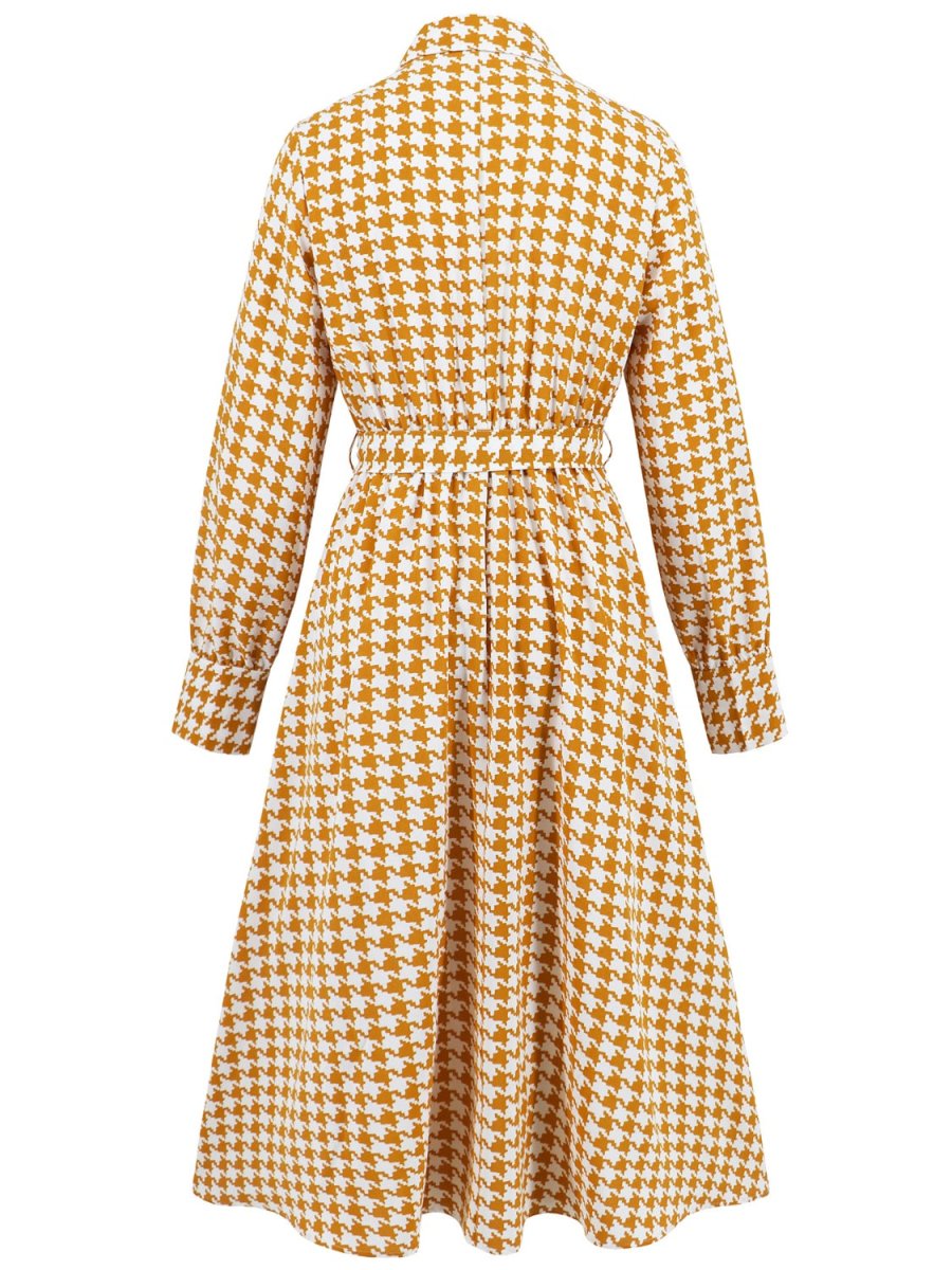 Tied Houndstooth Long Sleeve Midi Dress - S. M. & Co.