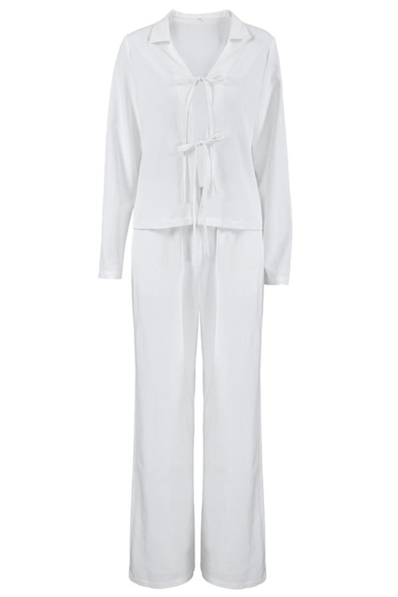 Tied Johnny Collar Long Sleeve Top and Pants Set - S. M. & Co.