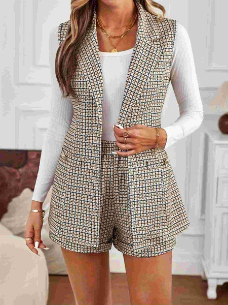 Tied Plaid Collared Neck Vest and Shorts Set - S. M. & Co.