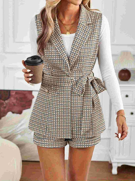 Tied Plaid Collared Neck Vest and Shorts Set - S. M. & Co.