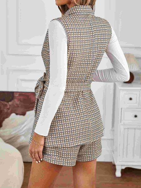 Tied Plaid Collared Neck Vest and Shorts Set - S. M. & Co.