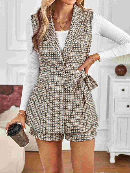 Tied Plaid Collared Neck Vest and Shorts Set - S. M. & Co.