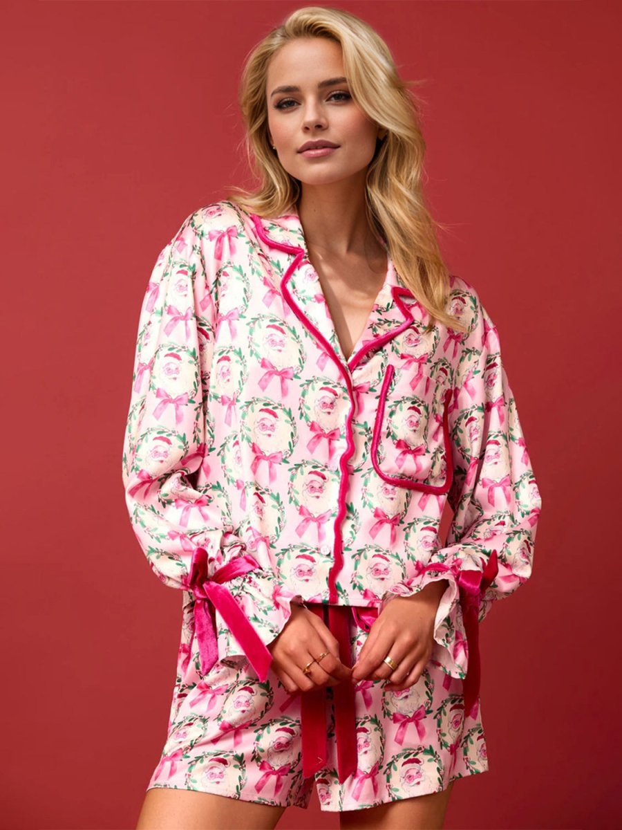 Tied Printed Collared Neck Long Sleeve Top and Shorts Set - S. M. & Co.