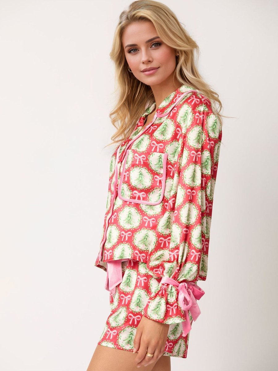 Tied Printed Collared Neck Long Sleeve Top and Shorts Set - S. M. & Co.