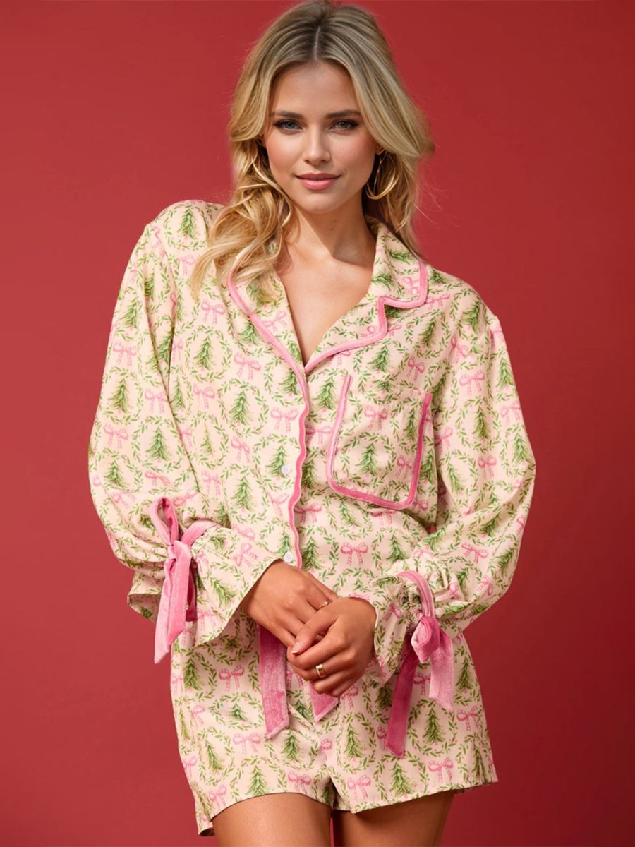 Tied Printed Collared Neck Long Sleeve Top and Shorts Set - S. M. & Co.