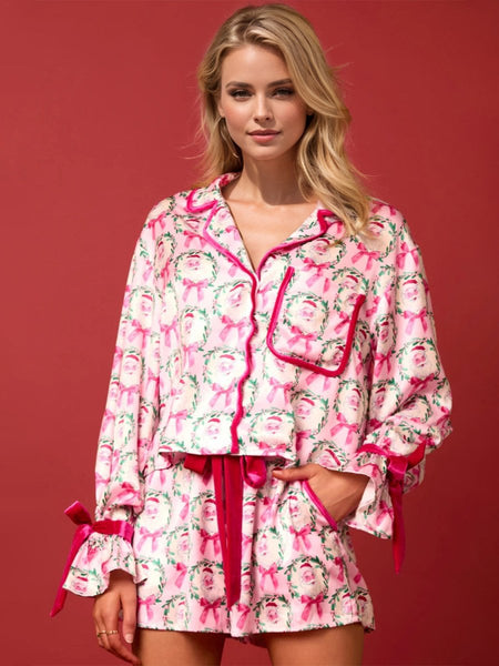 Tied Printed Collared Neck Long Sleeve Top and Shorts Set - S. M. & Co.