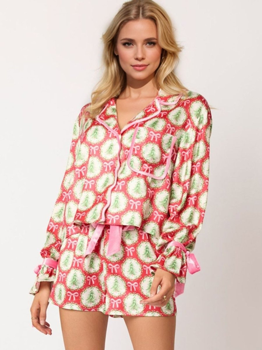 Tied Printed Collared Neck Long Sleeve Top and Shorts Set - S. M. & Co.