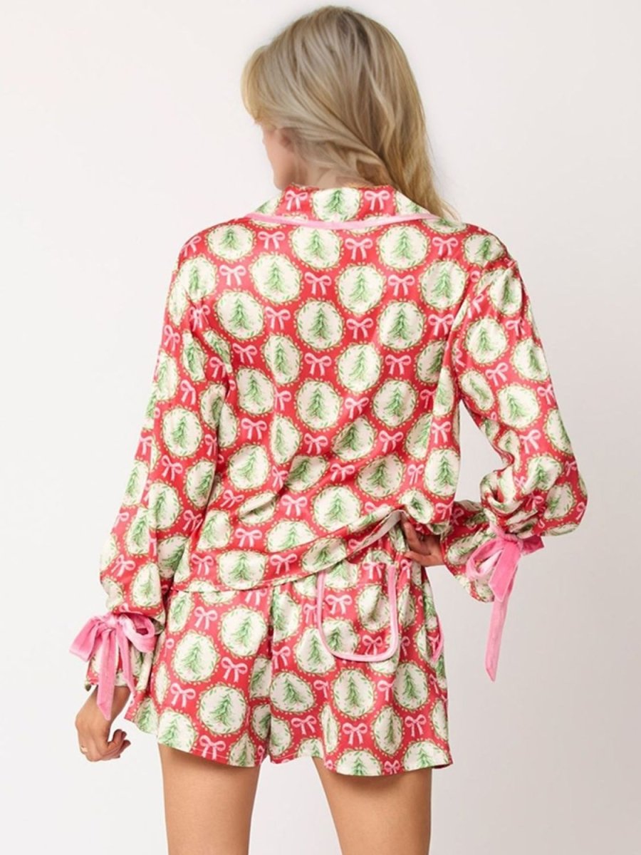 Tied Printed Collared Neck Long Sleeve Top and Shorts Set - S. M. & Co.