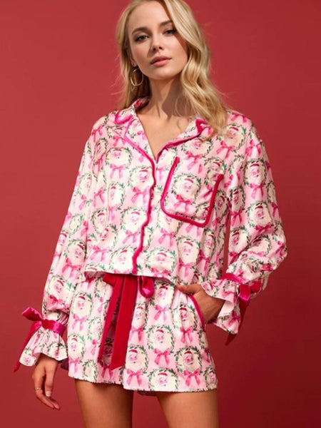 Tied Printed Collared Neck Long Sleeve Top and Shorts Set - S. M. & Co.