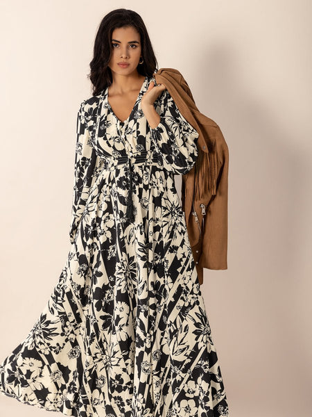 Tied Printed V - Neck Long Sleeve Midi Dress - S. M. & Co.