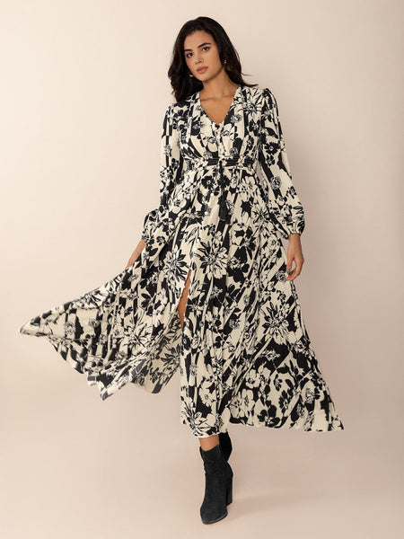 Tied Printed V - Neck Long Sleeve Midi Dress - S. M. & Co.