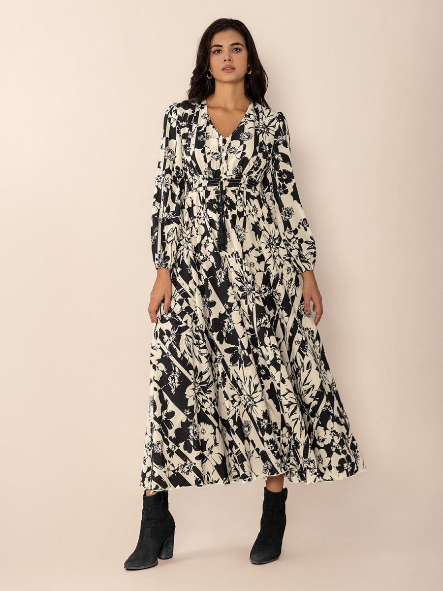 Tied Printed V - Neck Long Sleeve Midi Dress - S. M. & Co.