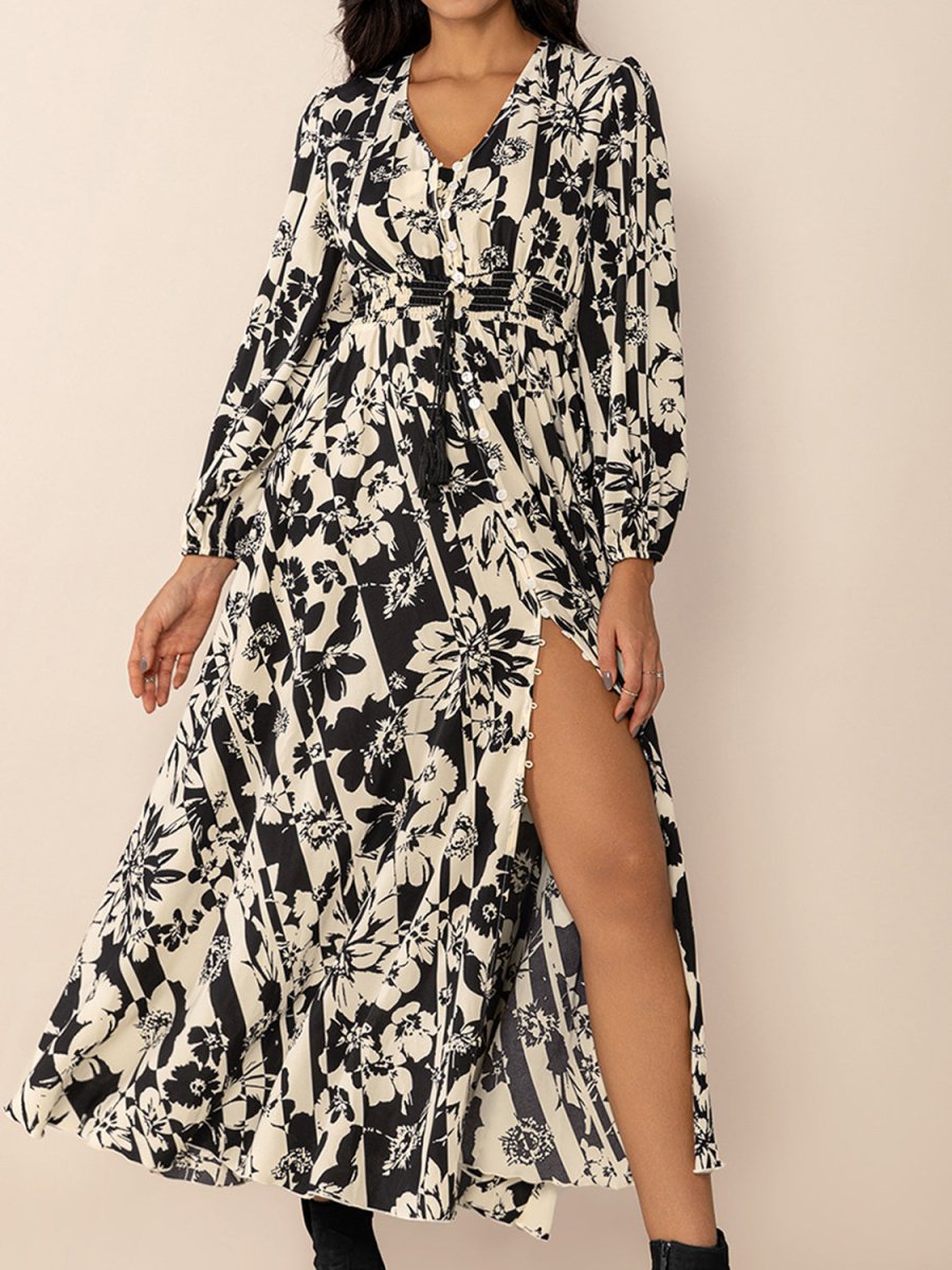 Tied Printed V - Neck Long Sleeve Midi Dress - S. M. & Co.