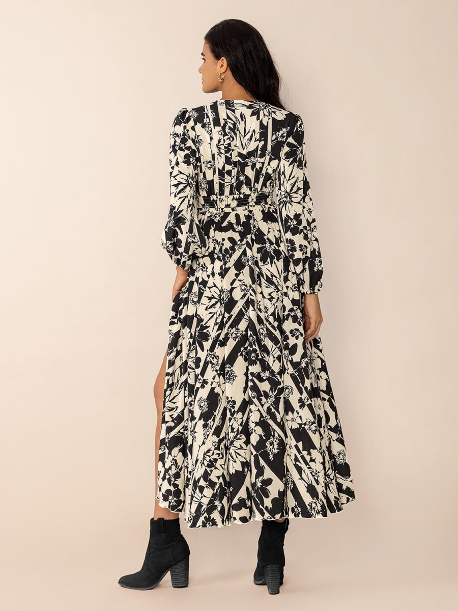 Tied Printed V - Neck Long Sleeve Midi Dress - S. M. & Co.