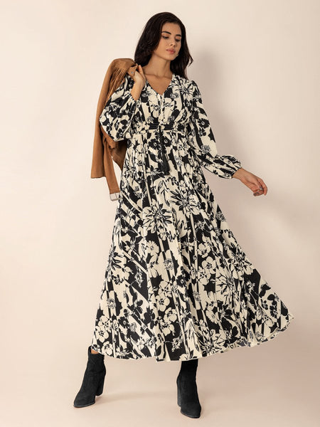 Tied Printed V - Neck Long Sleeve Midi Dress - S. M. & Co.