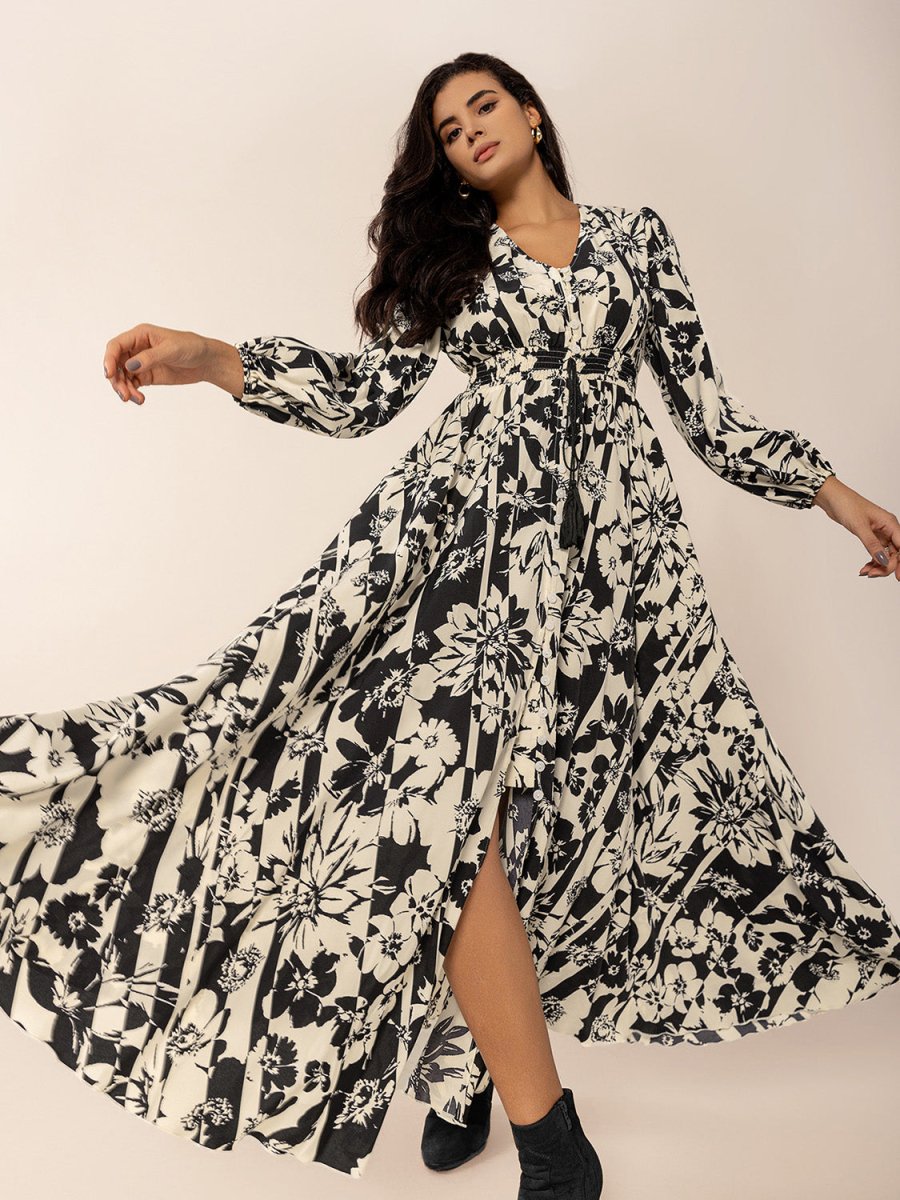 Tied Printed V - Neck Long Sleeve Midi Dress - S. M. & Co.