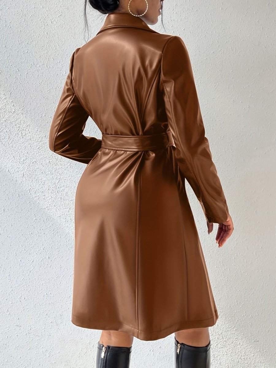 Tied PU Leather Long Sleeve Trench Coat - S. M. & Co.