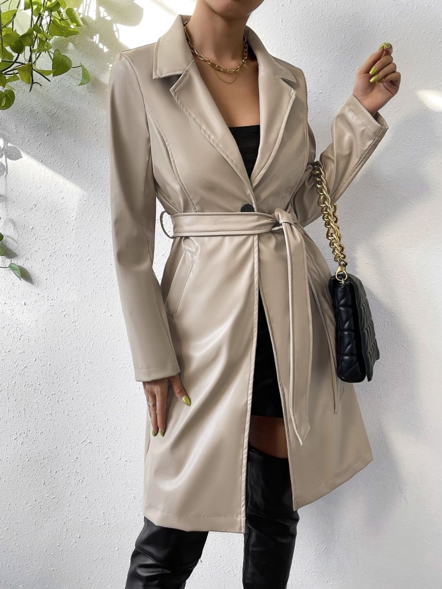 Tied PU Leather Long Sleeve Trench Coat - S. M. & Co.