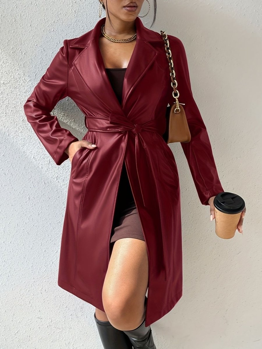 Tied PU Leather Long Sleeve Trench Coat - S. M. & Co.