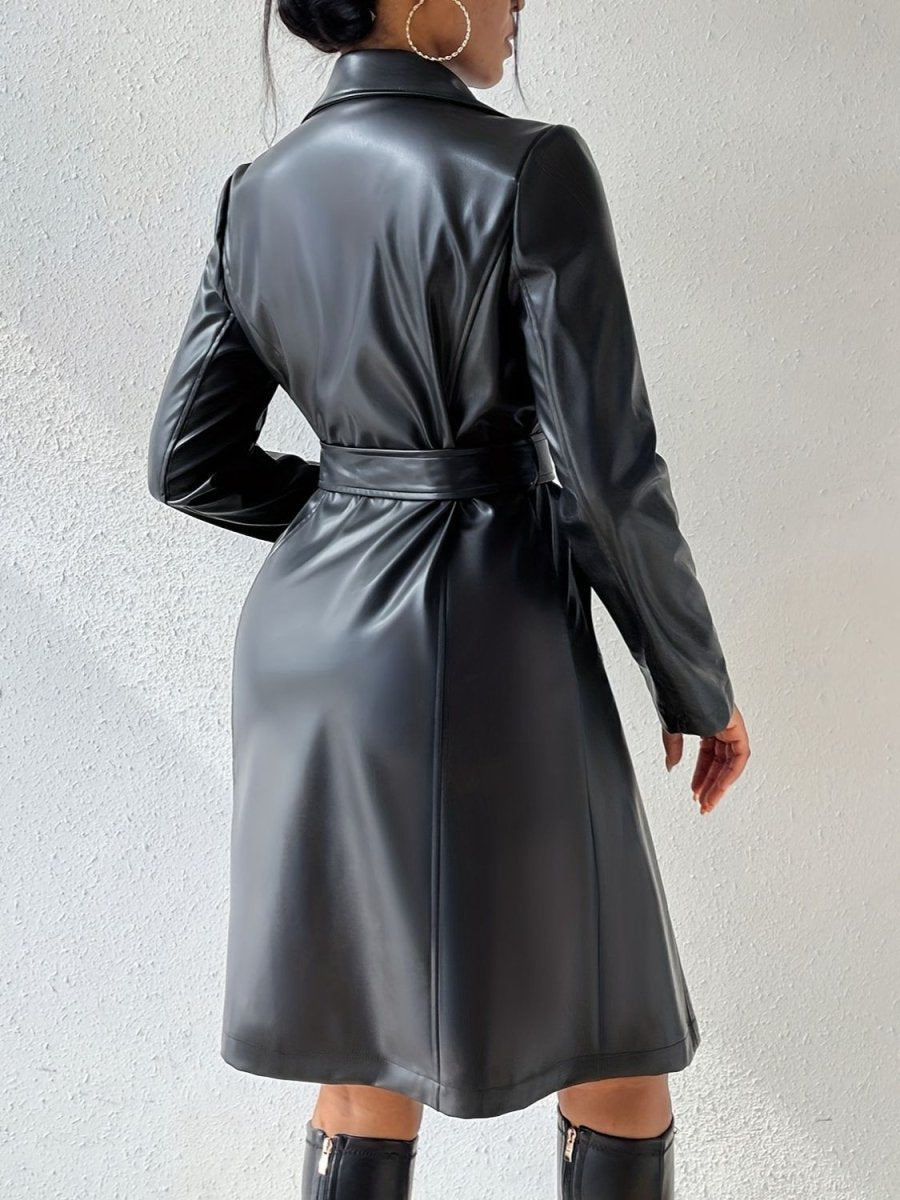 Tied PU Leather Long Sleeve Trench Coat - S. M. & Co.