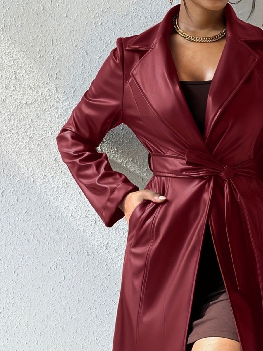 Tied PU Leather Long Sleeve Trench Coat - S. M. & Co.