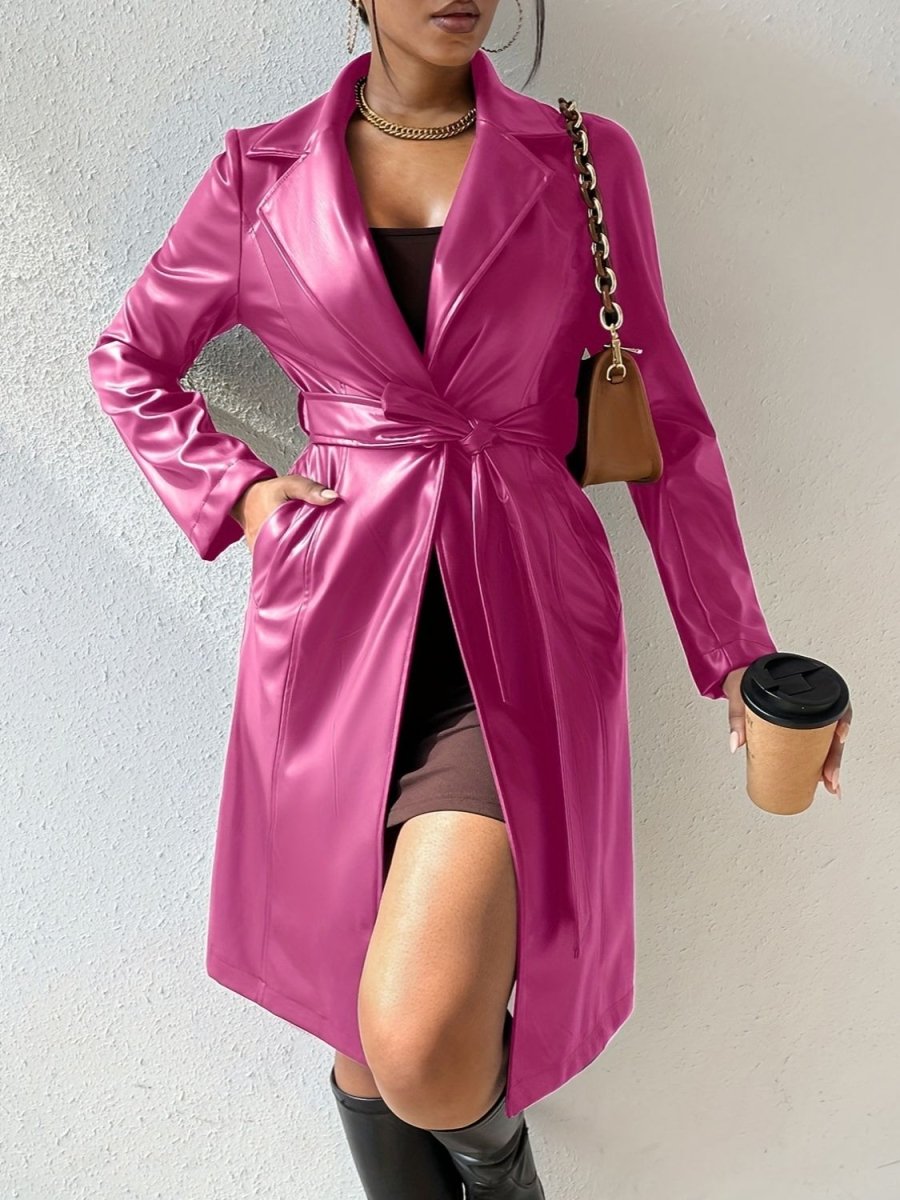 Tied PU Leather Long Sleeve Trench Coat - S. M. & Co.