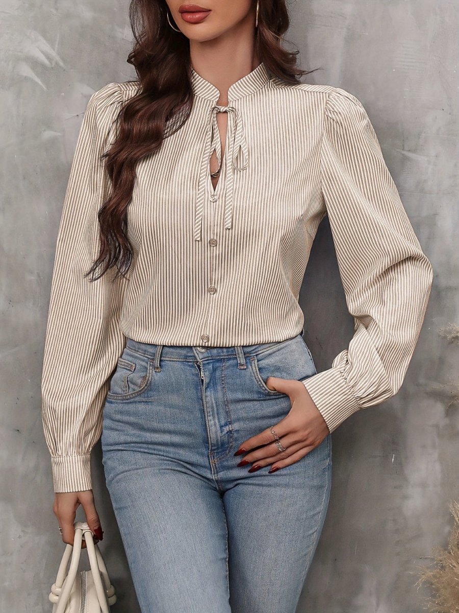 Tied Striped Long Sleeve Blouse - S. M. & Co.