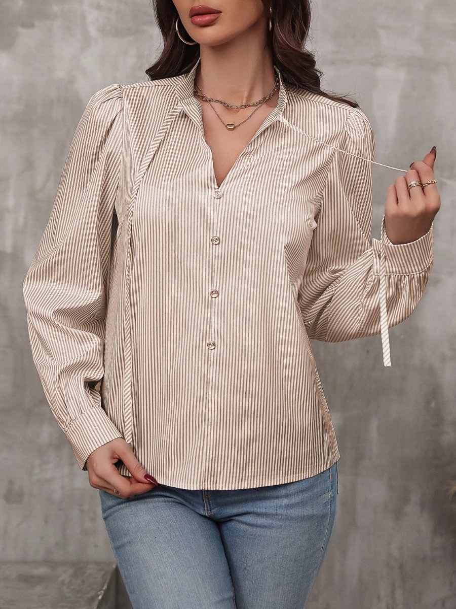 Tied Striped Long Sleeve Blouse - S. M. & Co.