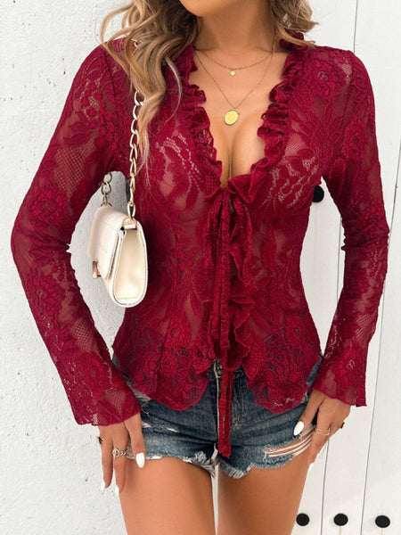 Tied V - Neck Long Sleeve Lace Top - S. M. & Co.