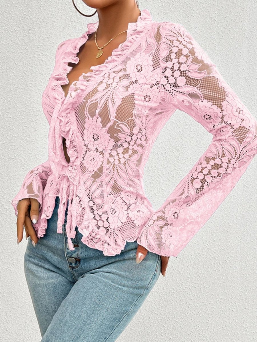 Tied V - Neck Long Sleeve Lace Top - S. M. & Co.