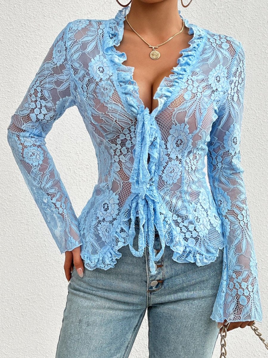 Tied V - Neck Long Sleeve Lace Top - S. M. & Co.