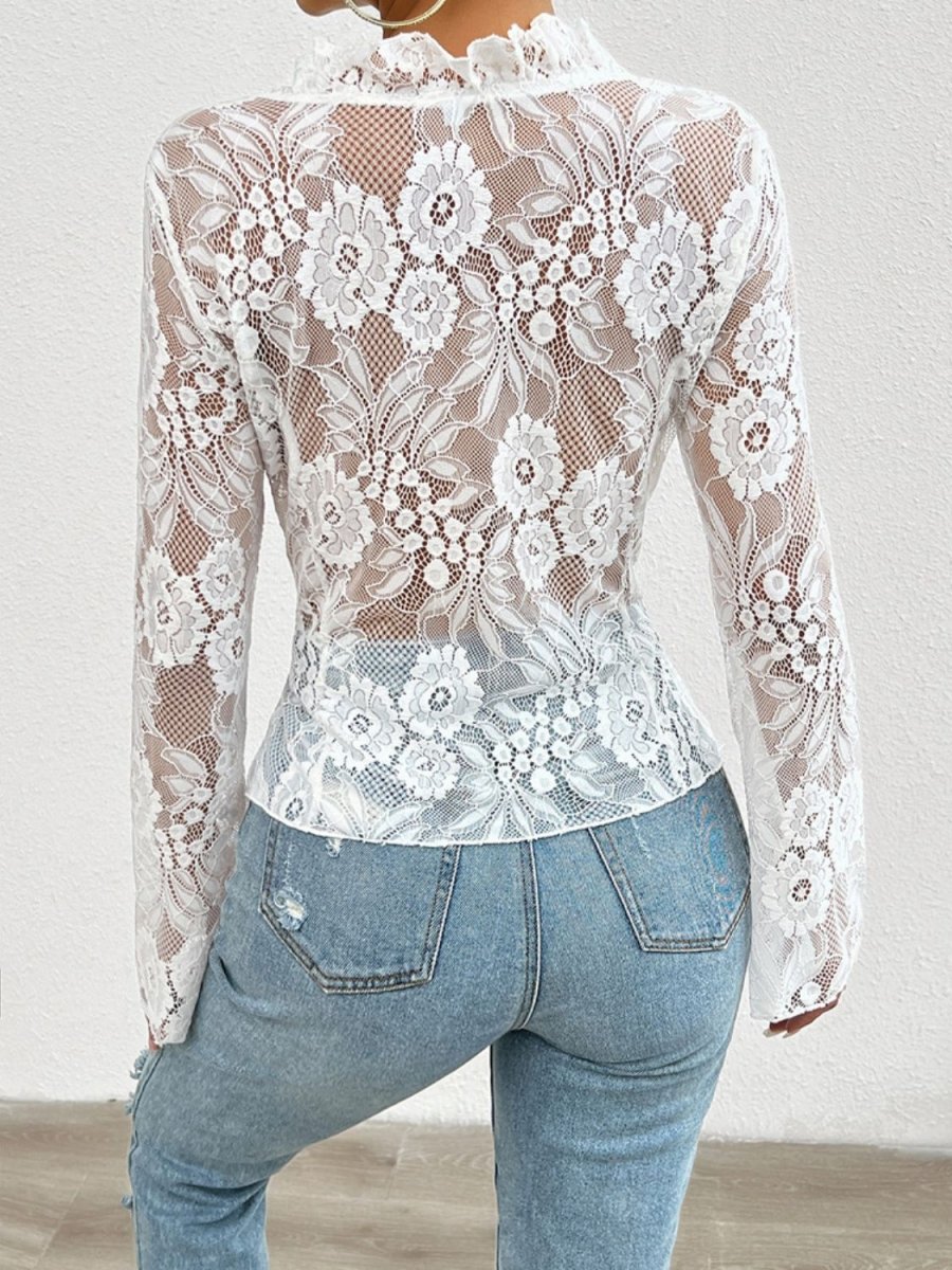 Tied V - Neck Long Sleeve Lace Top - S. M. & Co.