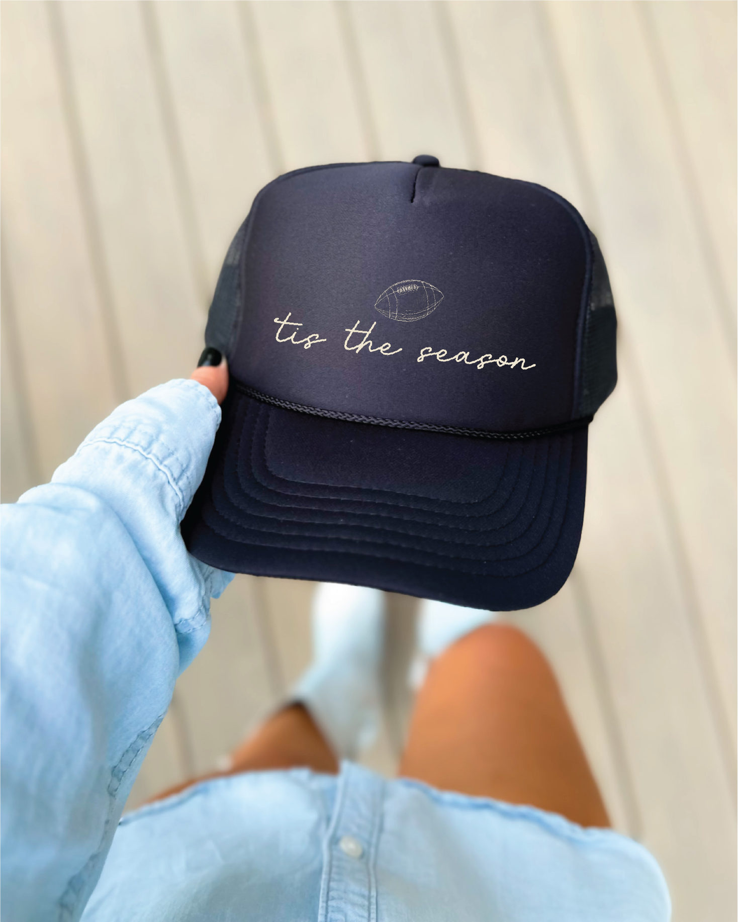 Tis the Season Football DTF Printed Black Trucker Hat