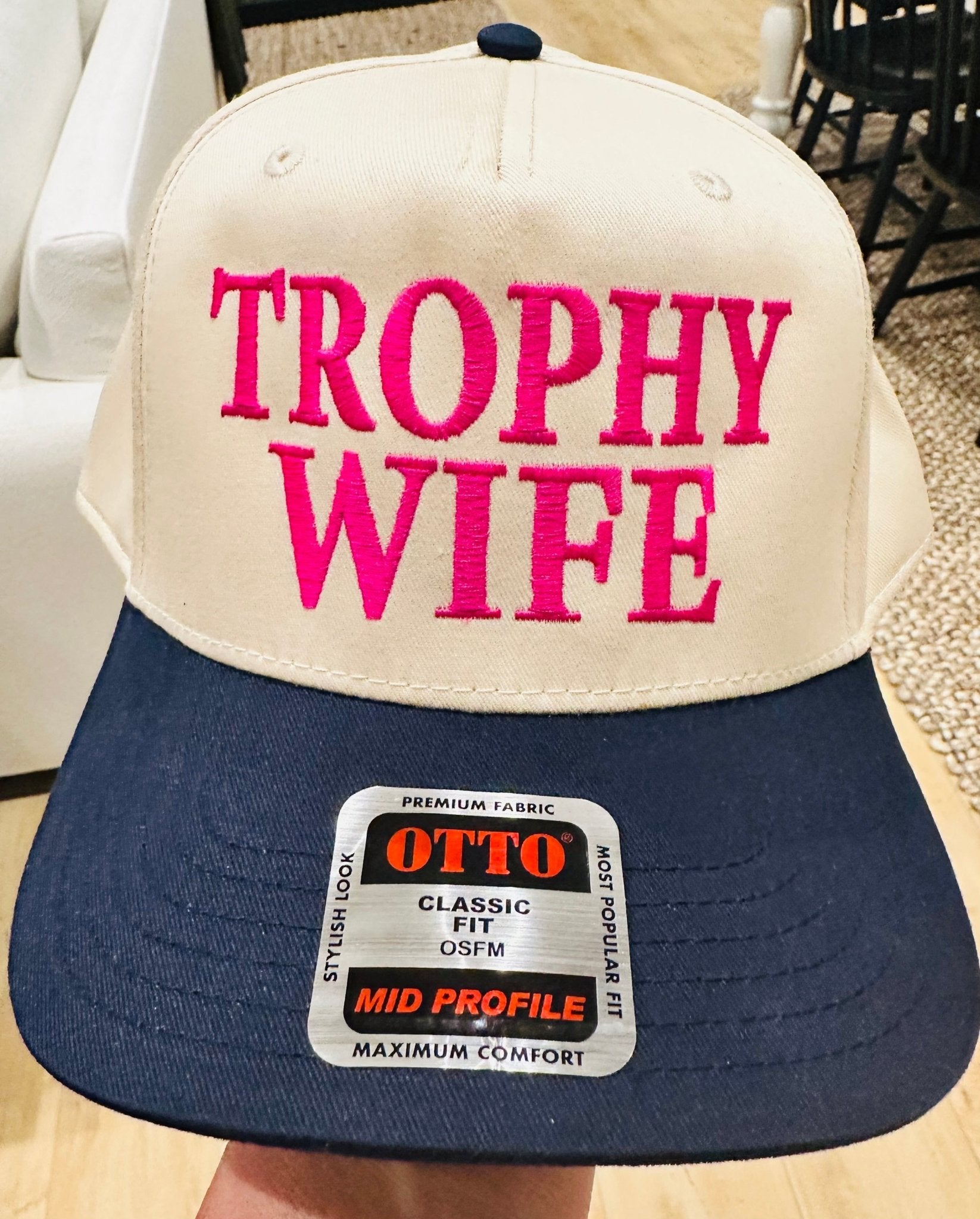 Trophy Wife EMBROIDERY on a Navy and Natural TRUCKER HAT - S. M. & Co.