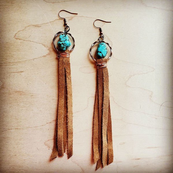 Turquoise drop earrings w/ suede leather tassel - S. M. & Co.