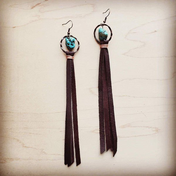 Turquosie Drop Earrings w/ Brown Leather Tassel - S. M. & Co.