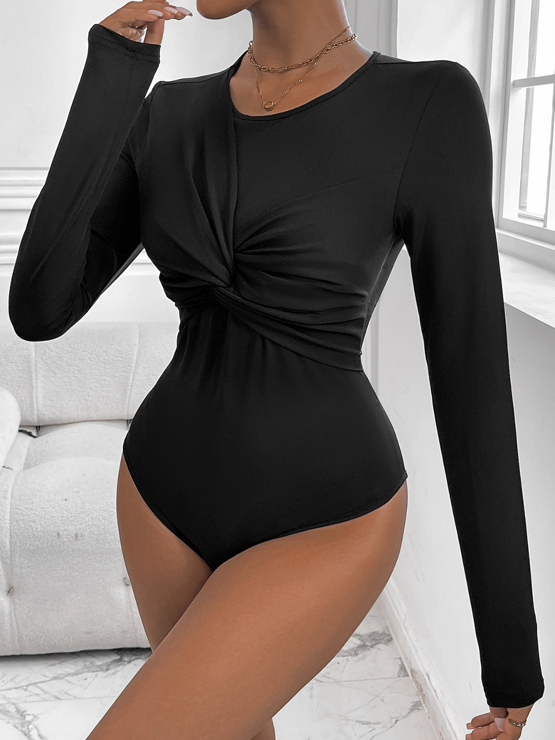 Twisted Round Neck Long Sleeve Bodysuit - S. M. & Co.