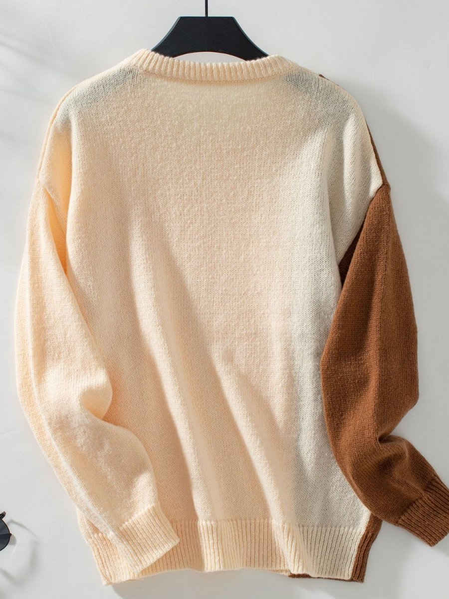 Two Tone Cable Knit Round Neck Long Sleeve Sweater - S. M. & Co.