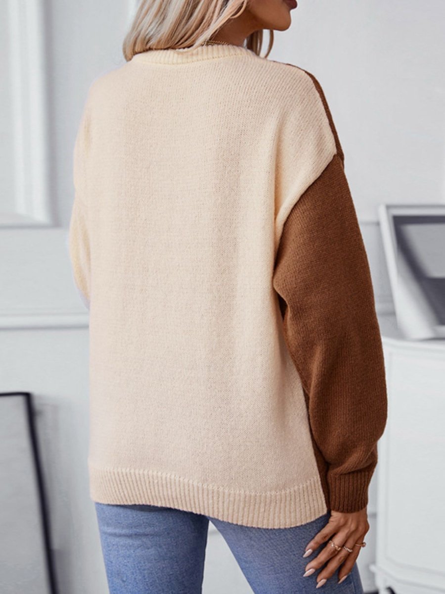 Two Tone Cable Knit Round Neck Long Sleeve Sweater - S. M. & Co.