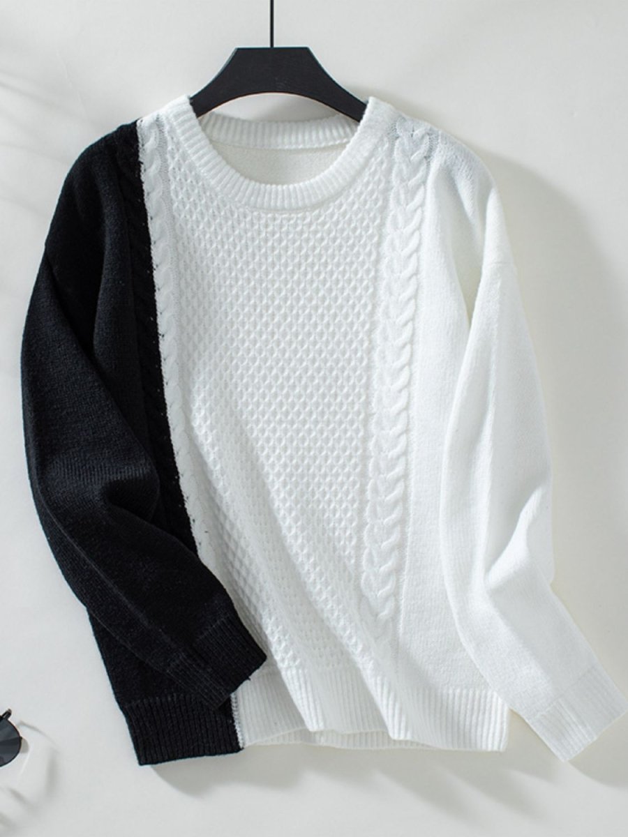 Two Tone Cable Knit Round Neck Long Sleeve Sweater - S. M. & Co.