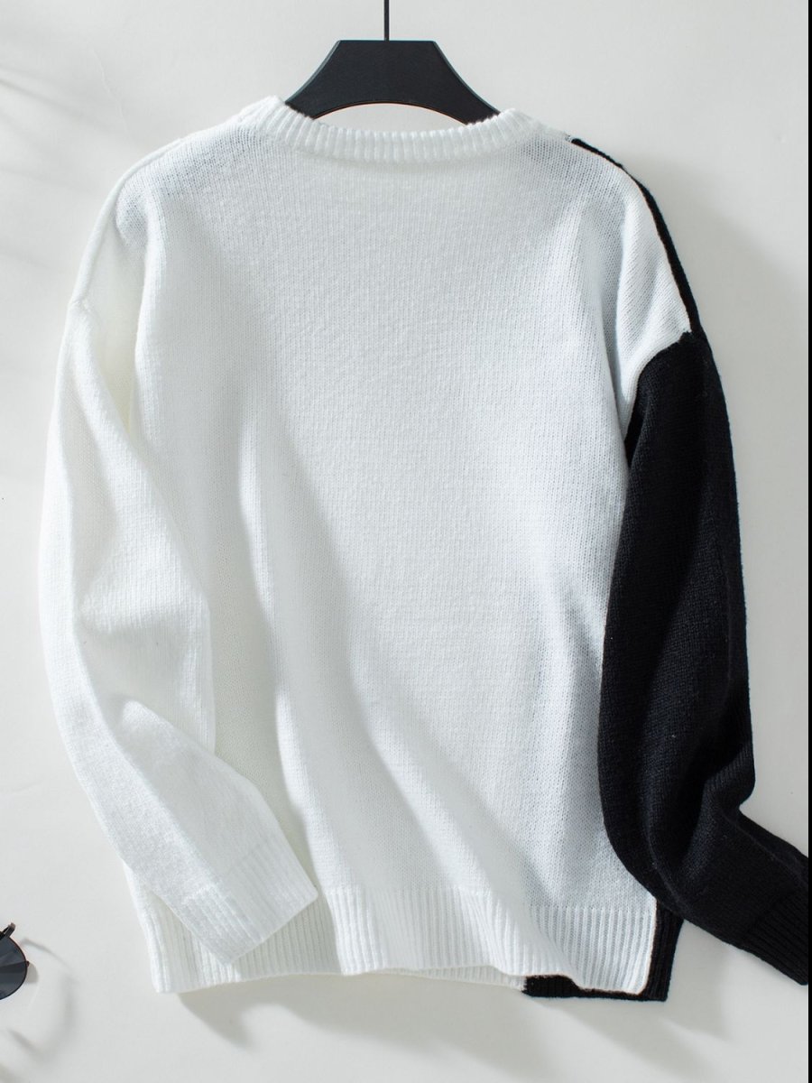 Two Tone Cable Knit Round Neck Long Sleeve Sweater - S. M. & Co.